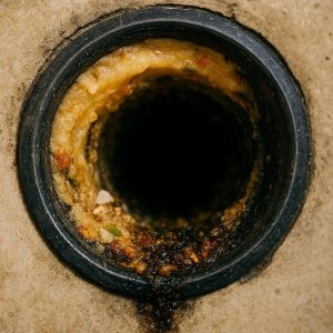 دهانه چاه فاضلاب قدیمی با بتن ترک خورده و رسوبات که منبع انتشار بوی نامطبوع در ساختمان است 