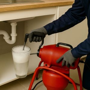 تکنسین در حال استفاده از دستگاه فنر برقی برای بازکردن گرفتگی لوله زیر سینک 