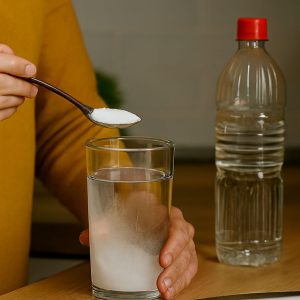 لیوان شفاف با ترکیب جوش شیرین و سرکه در حال کف کردن روی کانتر آشپزخانه