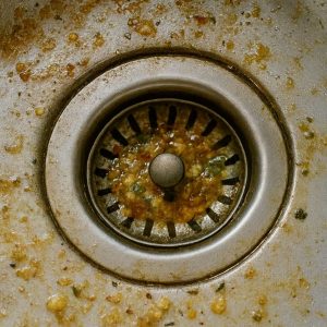 نمای نزدیک از خروجی سینک آشپزخانه با چربی و پسماند غذایی که مسیر لوله را مسدود کرده است 