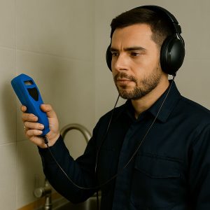 تکنسین کارا پرتو با هدفون و دستگاه نشت یابی صوتی در حال بررسی مسیر لوله های فاضلاب برای شناسایی نشتی و جلوگیری از انتشار بو