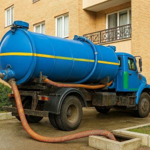 کامیون تخلیه چاه کارا پرتو مجهز به مخزن و شلنگ های صنعتی در حال عملیات تخلیه کنار ساختمان 